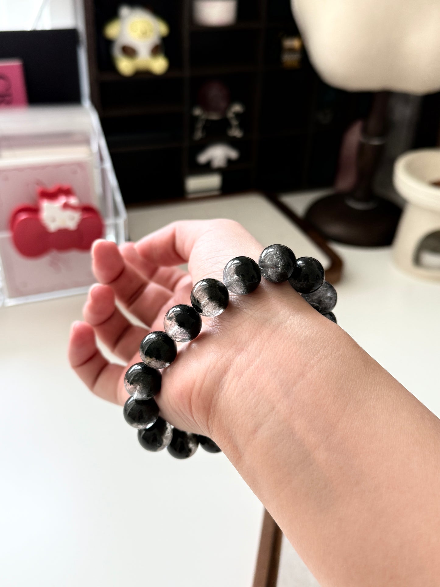 Black Phantom Quartz Beaded Bracelet 12.8mm 半盆金沙黑幽靈穿髮晶￼