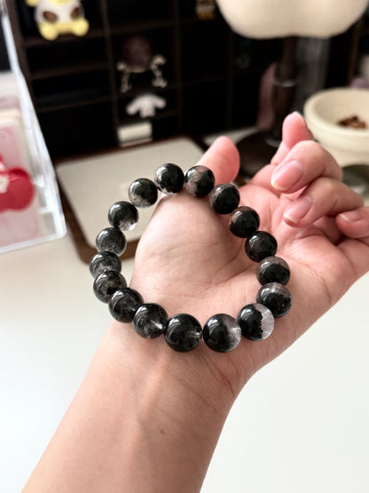 Black Phantom Quartz Beaded Bracelet 12.8mm 半盆金沙黑幽靈穿髮晶￼