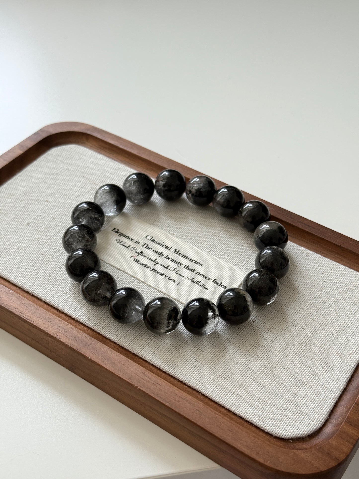 Black Phantom Quartz Beaded Bracelet 12.8mm 半盆金沙黑幽靈穿髮晶￼