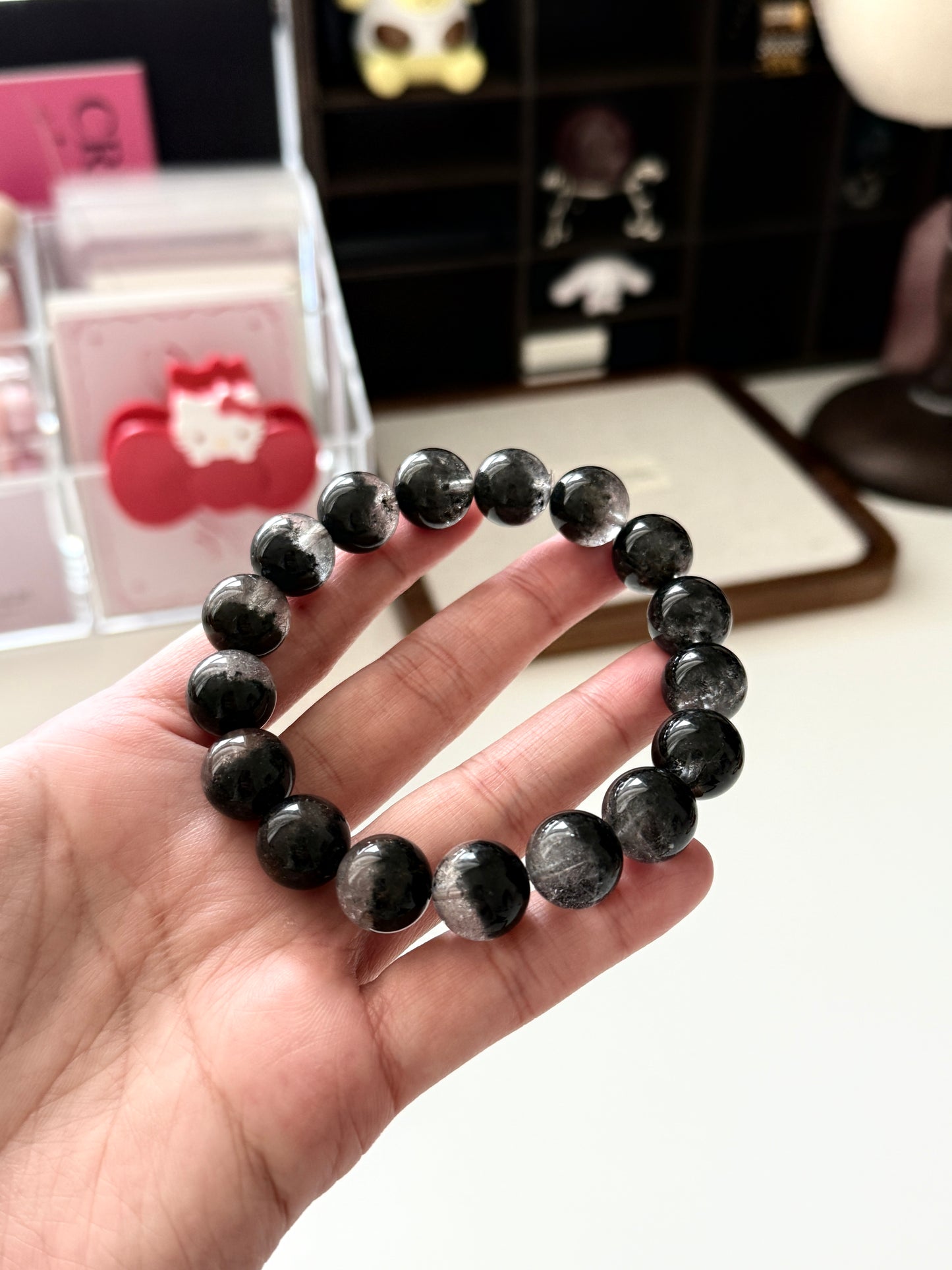 Black Phantom Quartz Beaded Bracelet 12.8mm 半盆金沙黑幽靈穿髮晶￼