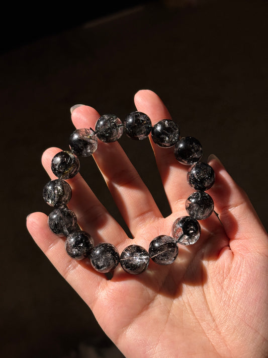 Black Herkimer Diamond Beaded Bracelet 14mm+