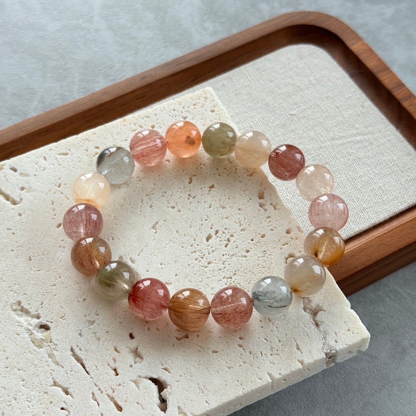 Rainbow Rabbit Hair Amphibole 11.3mm Beaded Bracelet