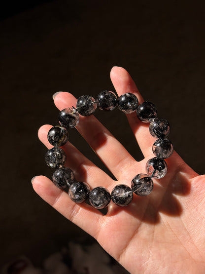 Black Herkimer Diamond Beaded Bracelet 14mm+