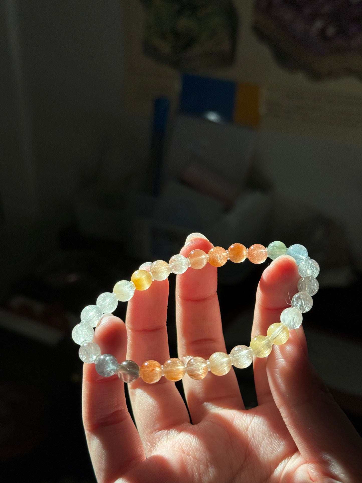 Collection Grade Rainbow Rabbit Hair Cateyes Rutiles 6.9mmBead Bracelet