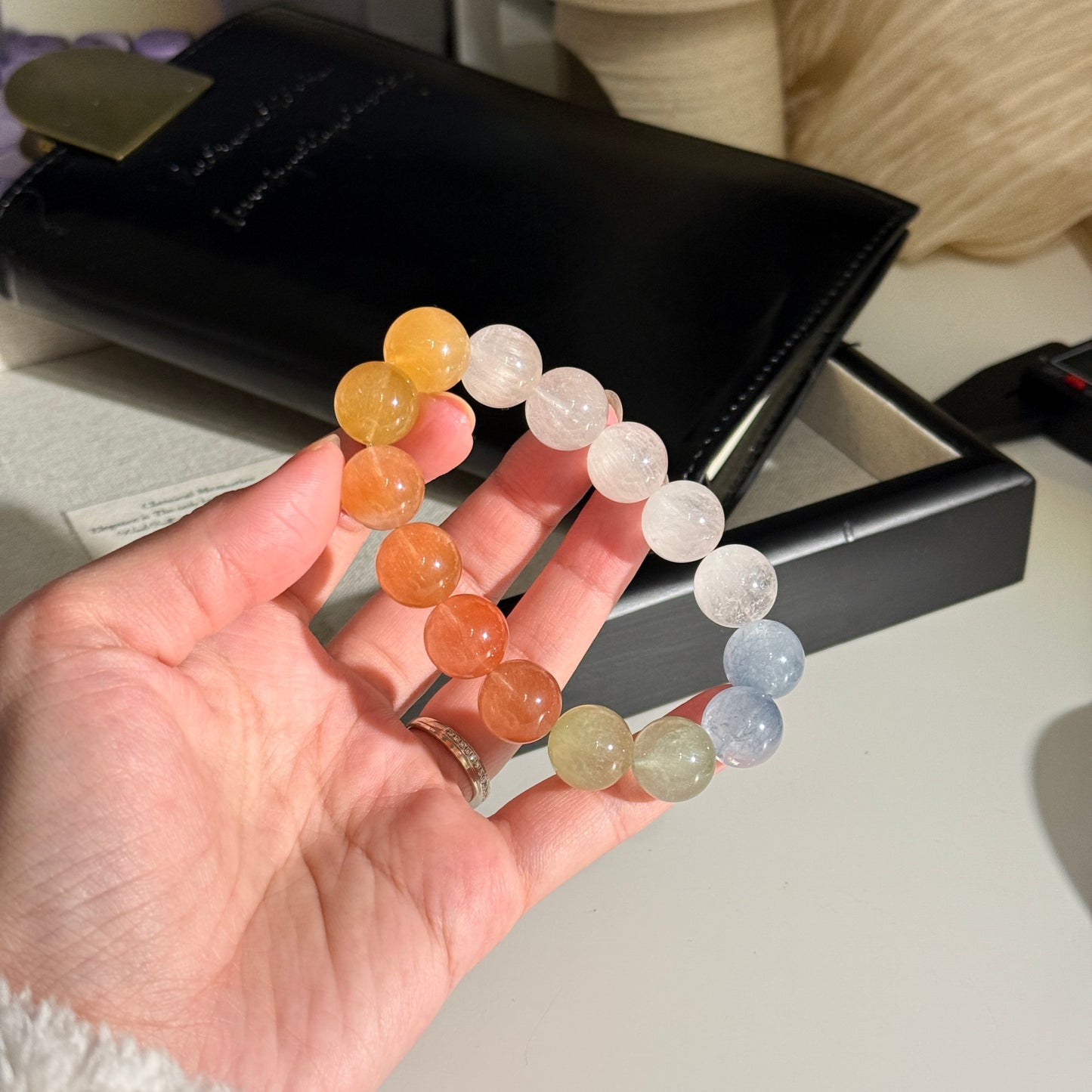 Rainbow Rabbit Hair Rutiled 13.6mm Beaded Bracelet HQ