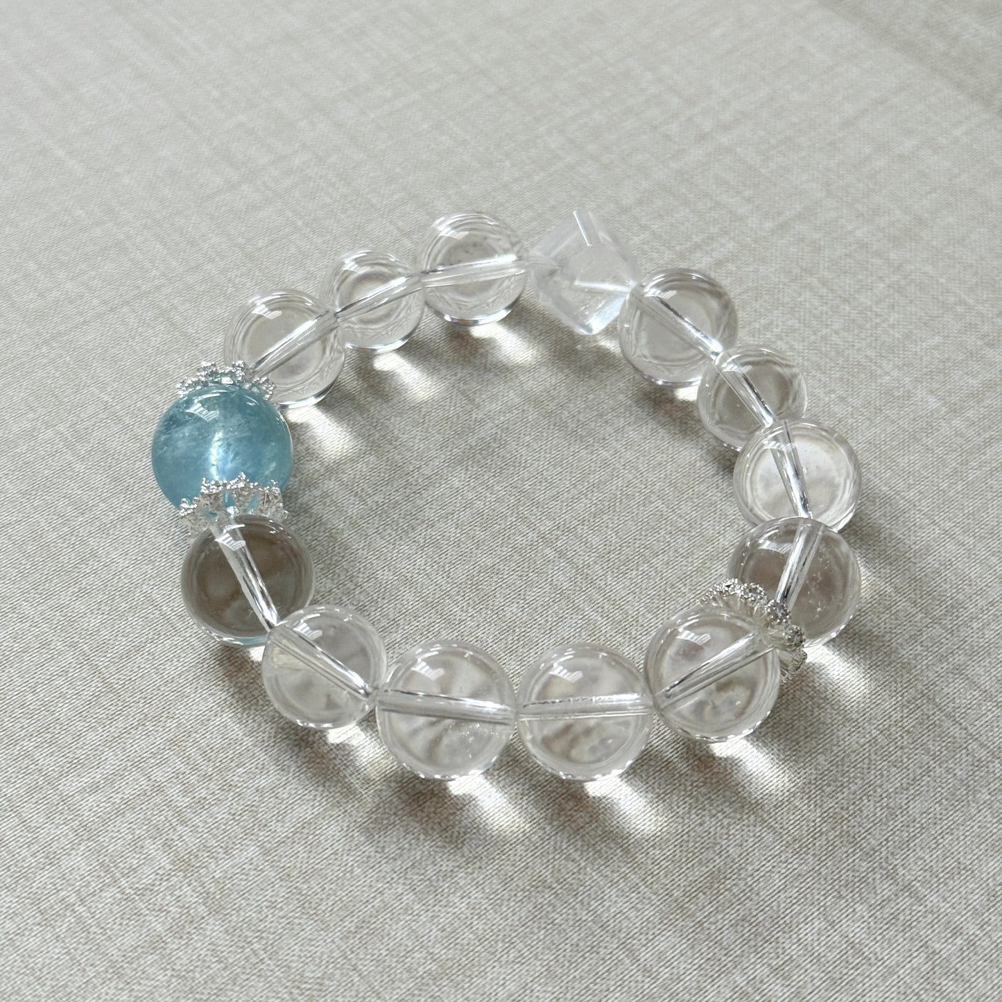 Aquamarine Clear Quartz 13mm Designed Beaded Bracelet