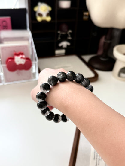 Black Phantom Quartz Beaded Bracelet 12.8mm 半盆金沙黑幽靈穿髮晶￼