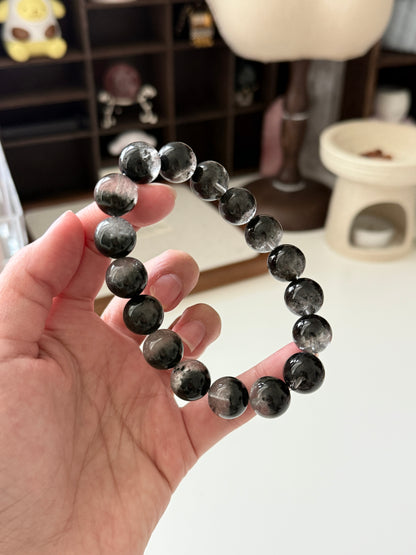 Black Phantom Quartz Beaded Bracelet 12.8mm 半盆金沙黑幽靈穿髮晶￼