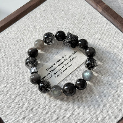 Dark Night Design Hypersthene Lion with Black Rutile Obsidian Beaded Bracelet