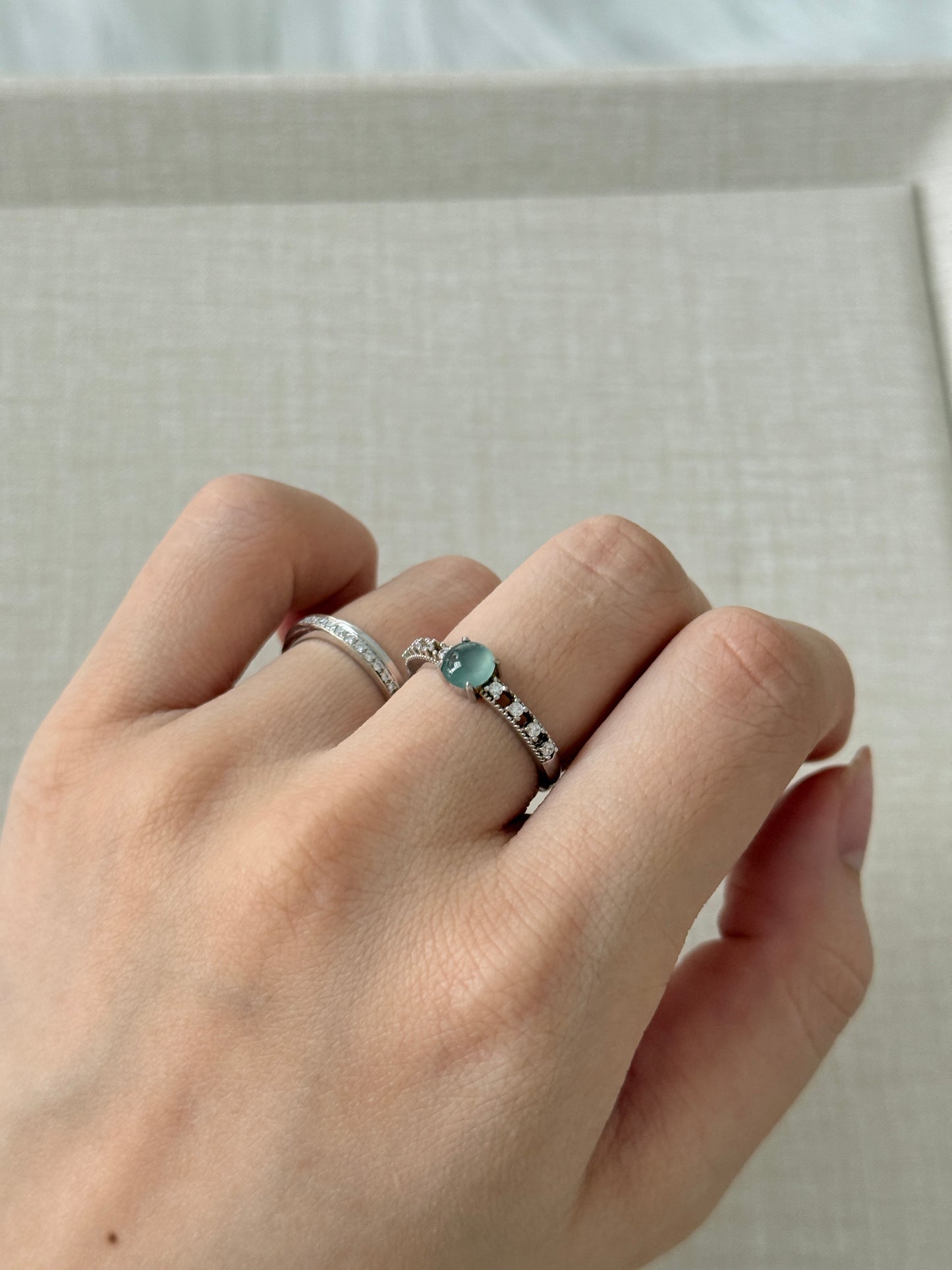 Sterling Silver Blue-Water Jadeite Jade Ring with Zicronia