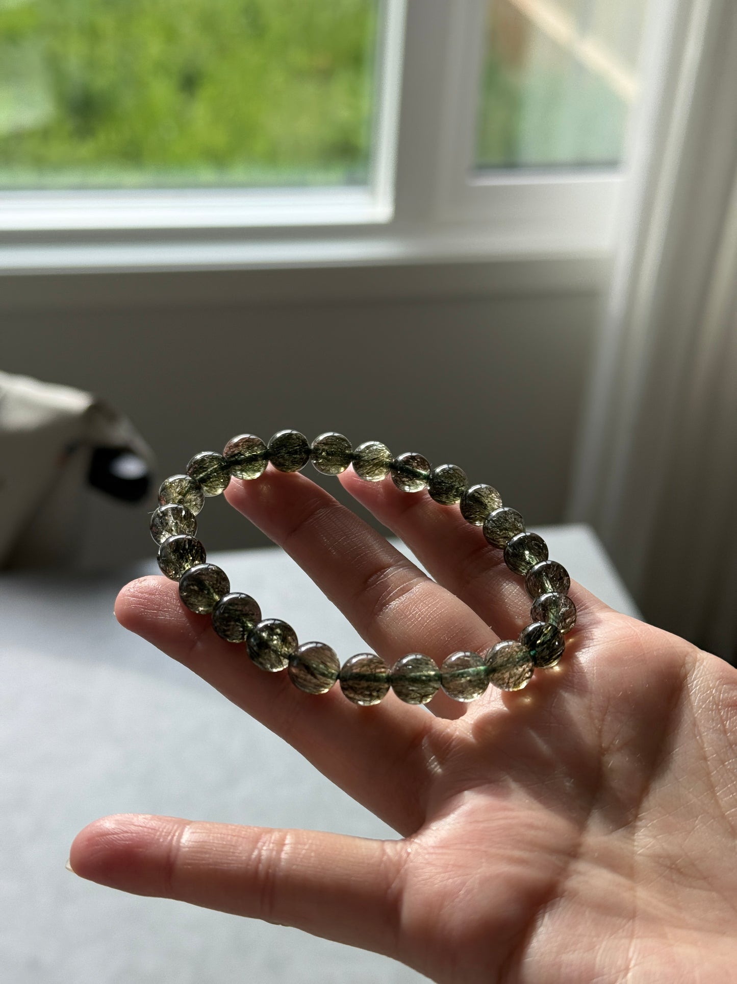 Collector Grade Green Tourmalinated Rutile Quartz 8.8mm Bead Bracelet