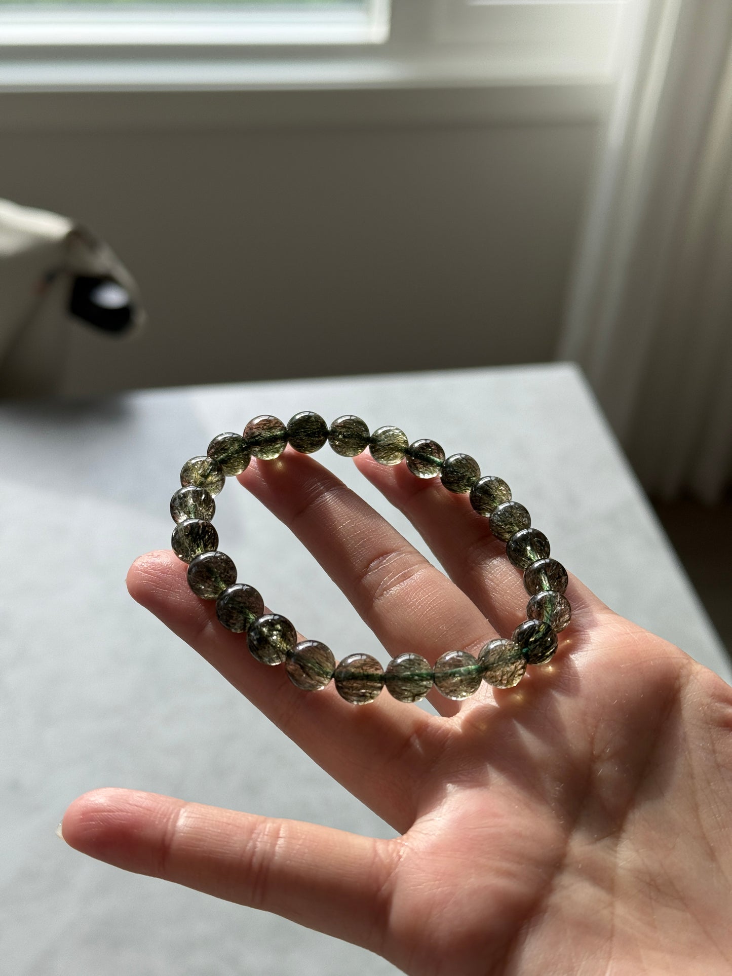 Collector Grade Green Tourmalinated Rutile Quartz 8.8mm Bead Bracelet