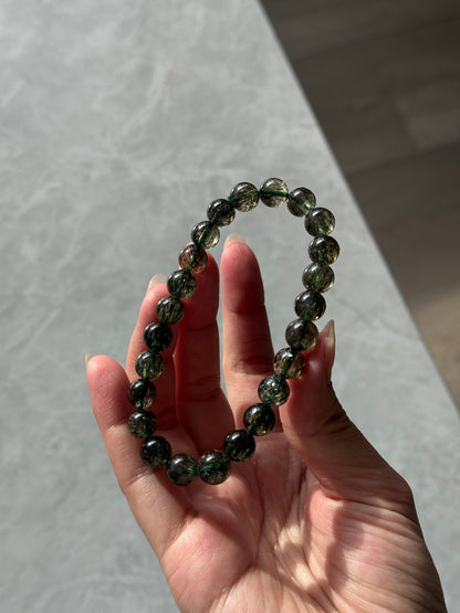 Collector Grade Green Tourmalinated Rutile Quartz 8.8mm Bead Bracelet