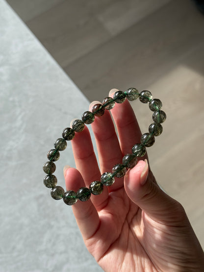 Collector Grade Green Tourmalinated Rutile Quartz 8.8mm Bead Bracelet