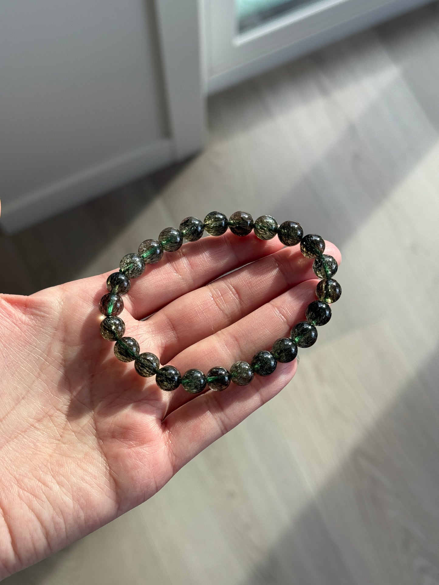 Collector Grade Green Tourmalinated Rutile Quartz 8.8mm Bead Bracelet