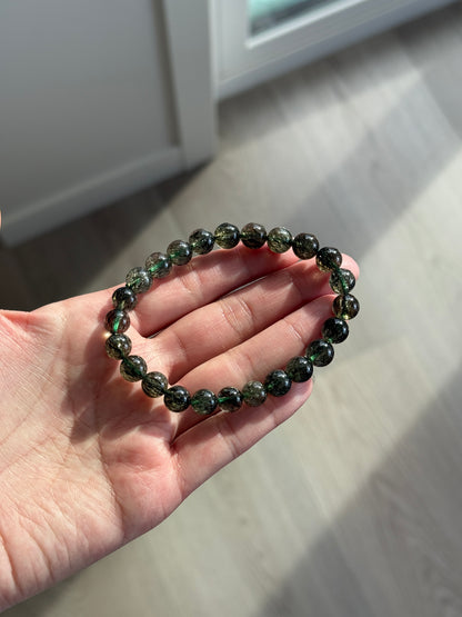 Collector Grade Green Tourmalinated Rutile Quartz 8.8mm Bead Bracelet