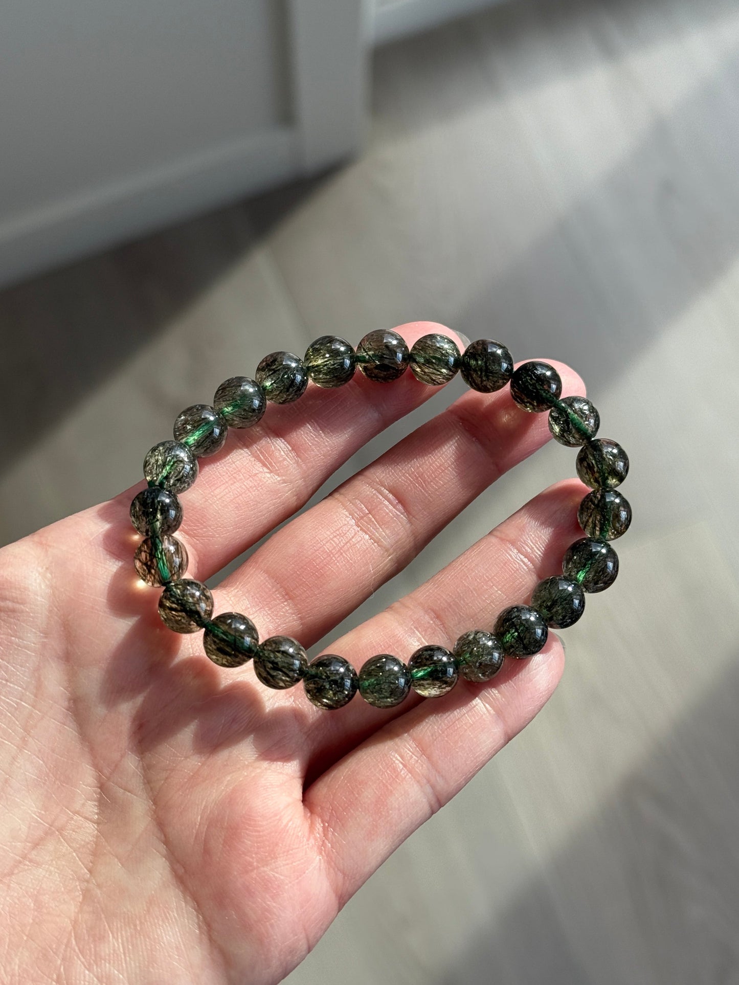 Collector Grade Green Tourmalinated Rutile Quartz 8.8mm Bead Bracelet