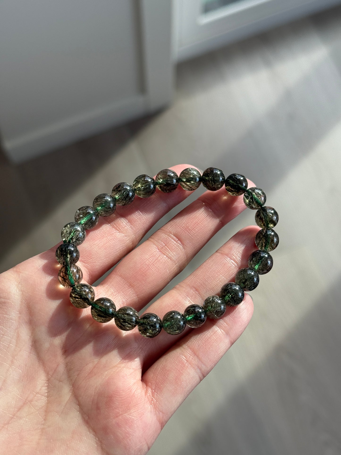 Collector Grade Green Tourmalinated Rutile Quartz 8.8mm Bead Bracelet