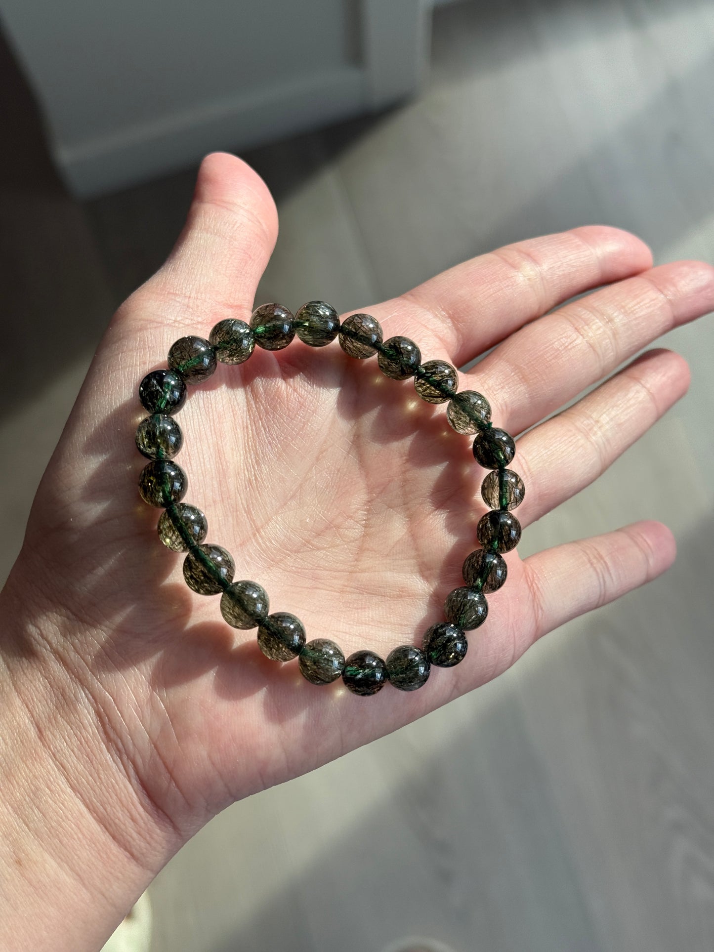 Collector Grade Green Tourmalinated Rutile Quartz 8.8mm Bead Bracelet