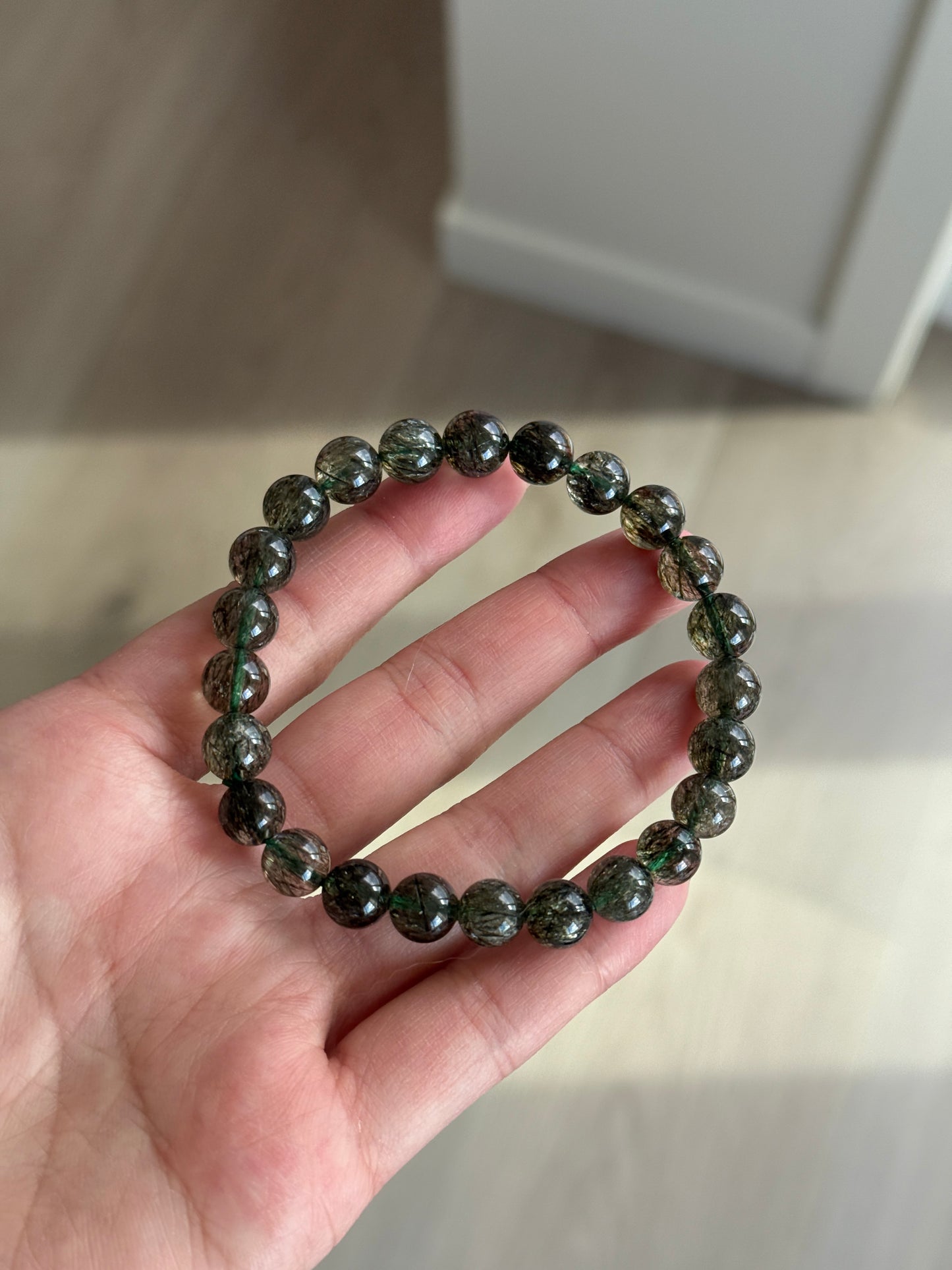 Collector Grade Green Tourmalinated Rutile Quartz 8.8mm Bead Bracelet
