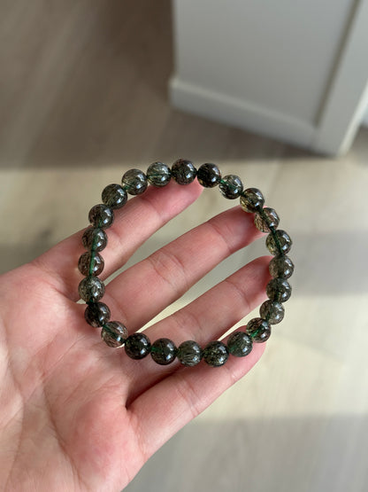 Collector Grade Green Tourmalinated Rutile Quartz 8.8mm Bead Bracelet