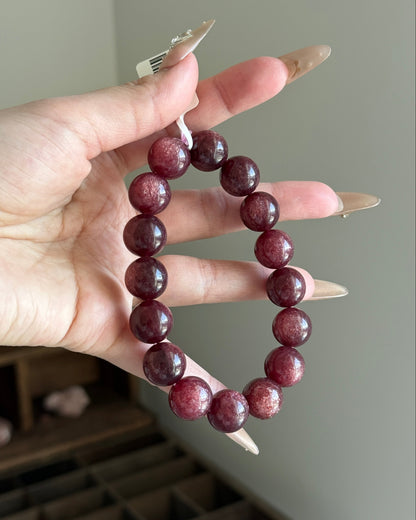 Natural Starlight Strawberry Quartz 13mm Beaded Bracelet