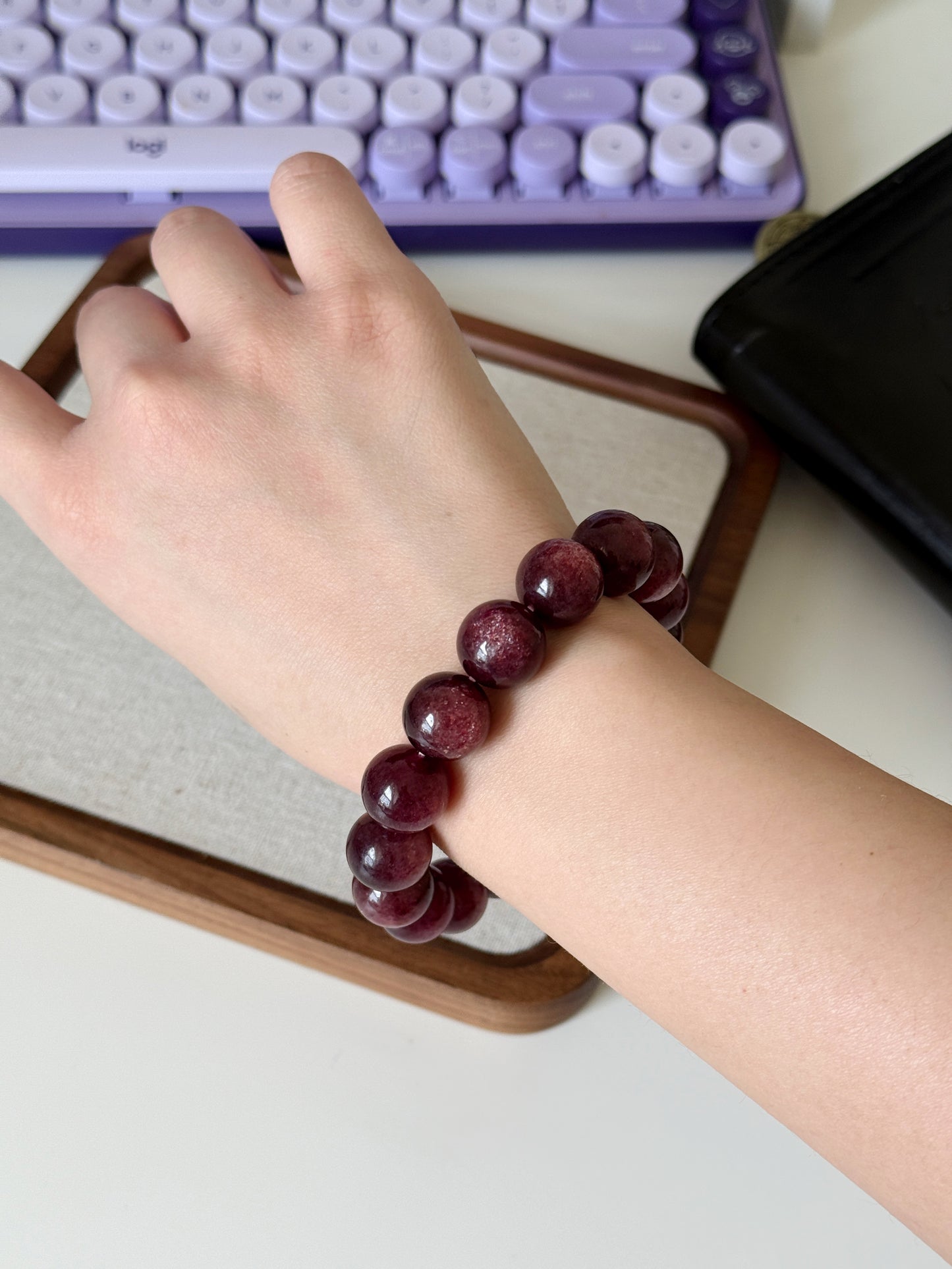 Natural Starlight Strawberry Quartz 13mm Beaded Bracelet