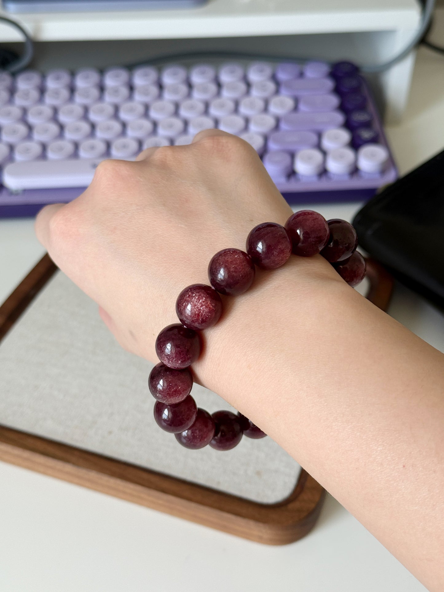 Natural Starlight Strawberry Quartz 13mm Beaded Bracelet