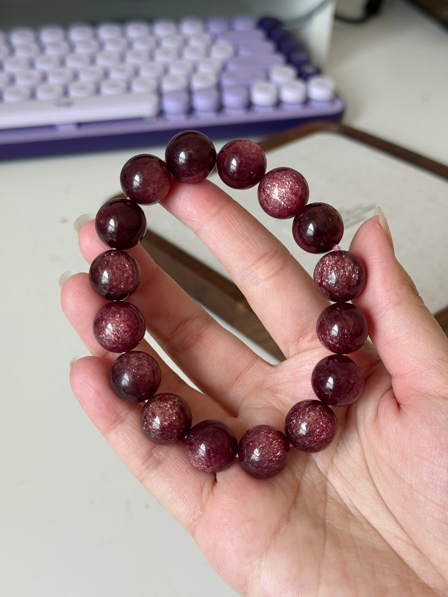 Natural Starlight Strawberry Quartz 13mm Beaded Bracelet