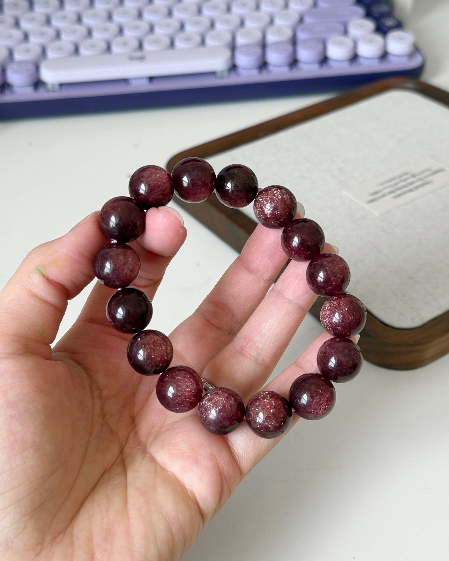 Natural Starlight Strawberry Quartz 13mm Beaded Bracelet