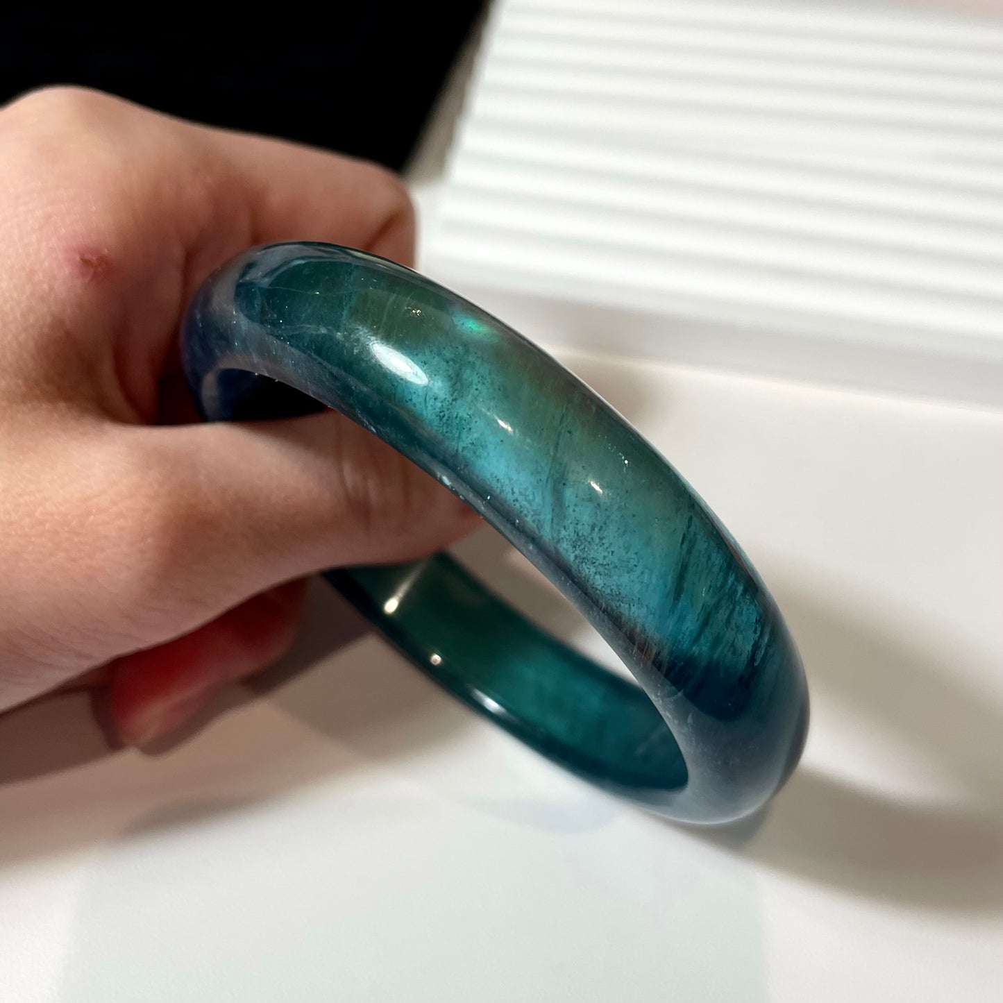 Rare Greenish Aquamarine Bangle with Rainbow Sparkling Starlights