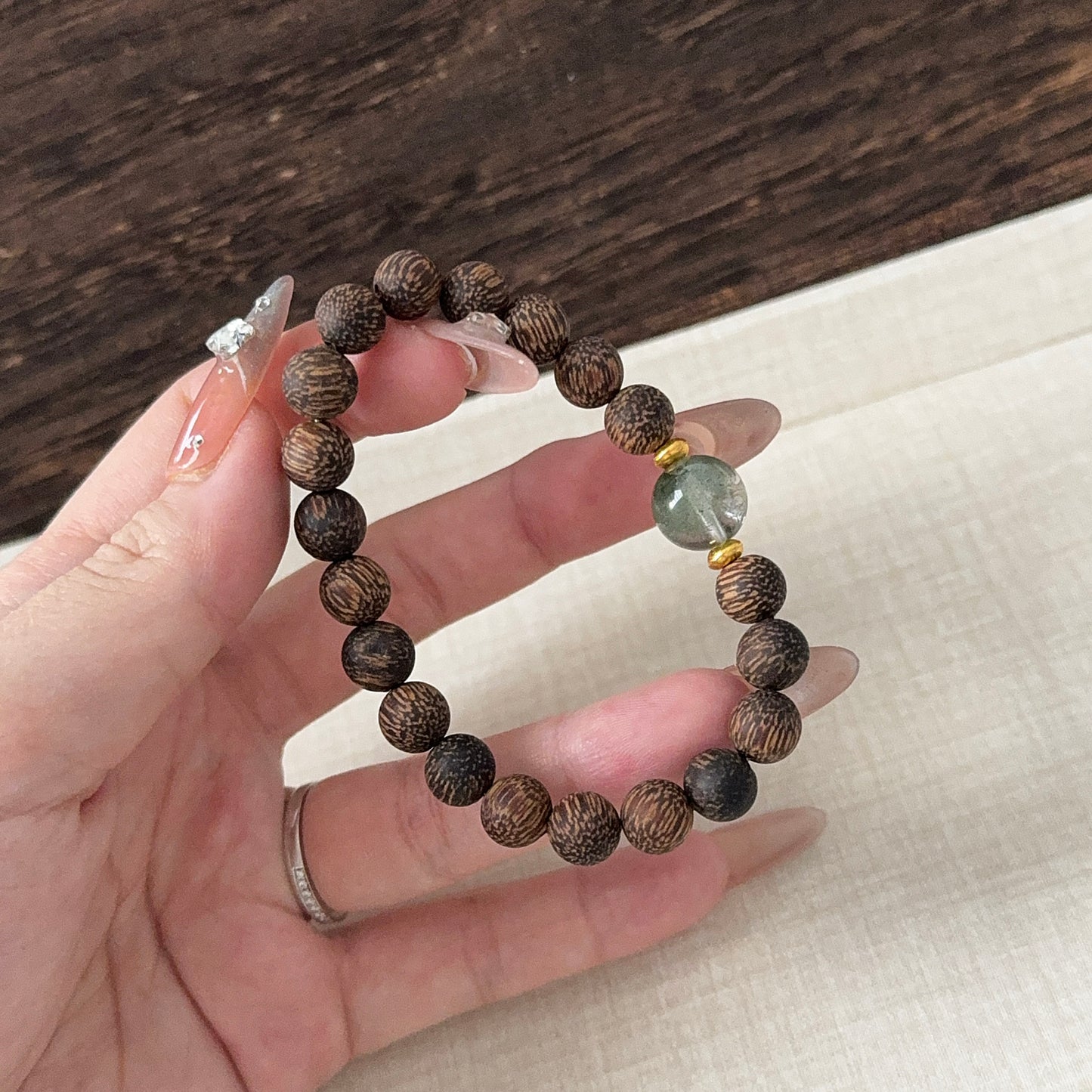 Vietnam Agarwood Wood with Green Phantom Beaded Bracelet