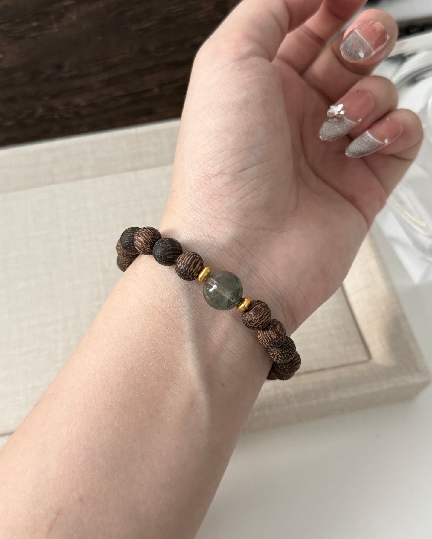 Vietnam Agarwood Wood with Green Phantom Beaded Bracelet