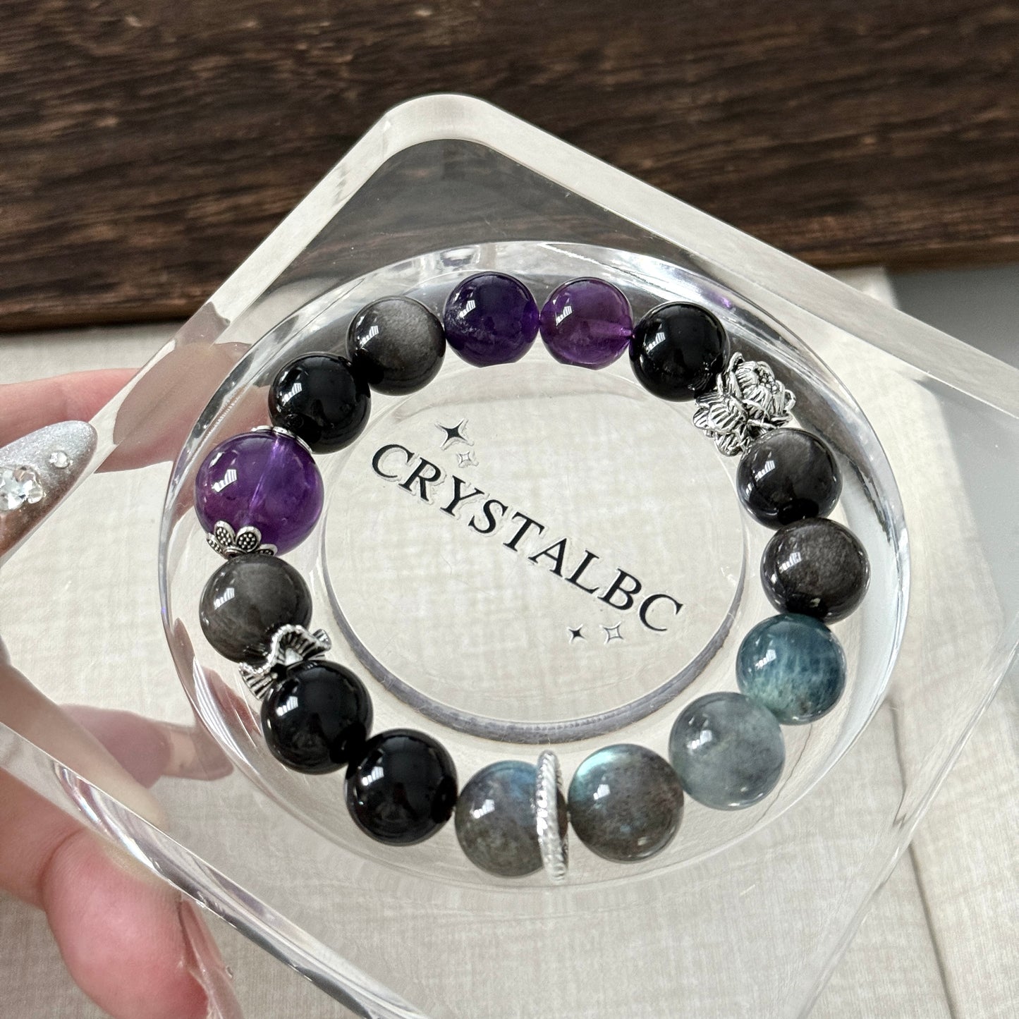 Vintage Design with Silver Obsidian Amethyst Beaded Bracelet