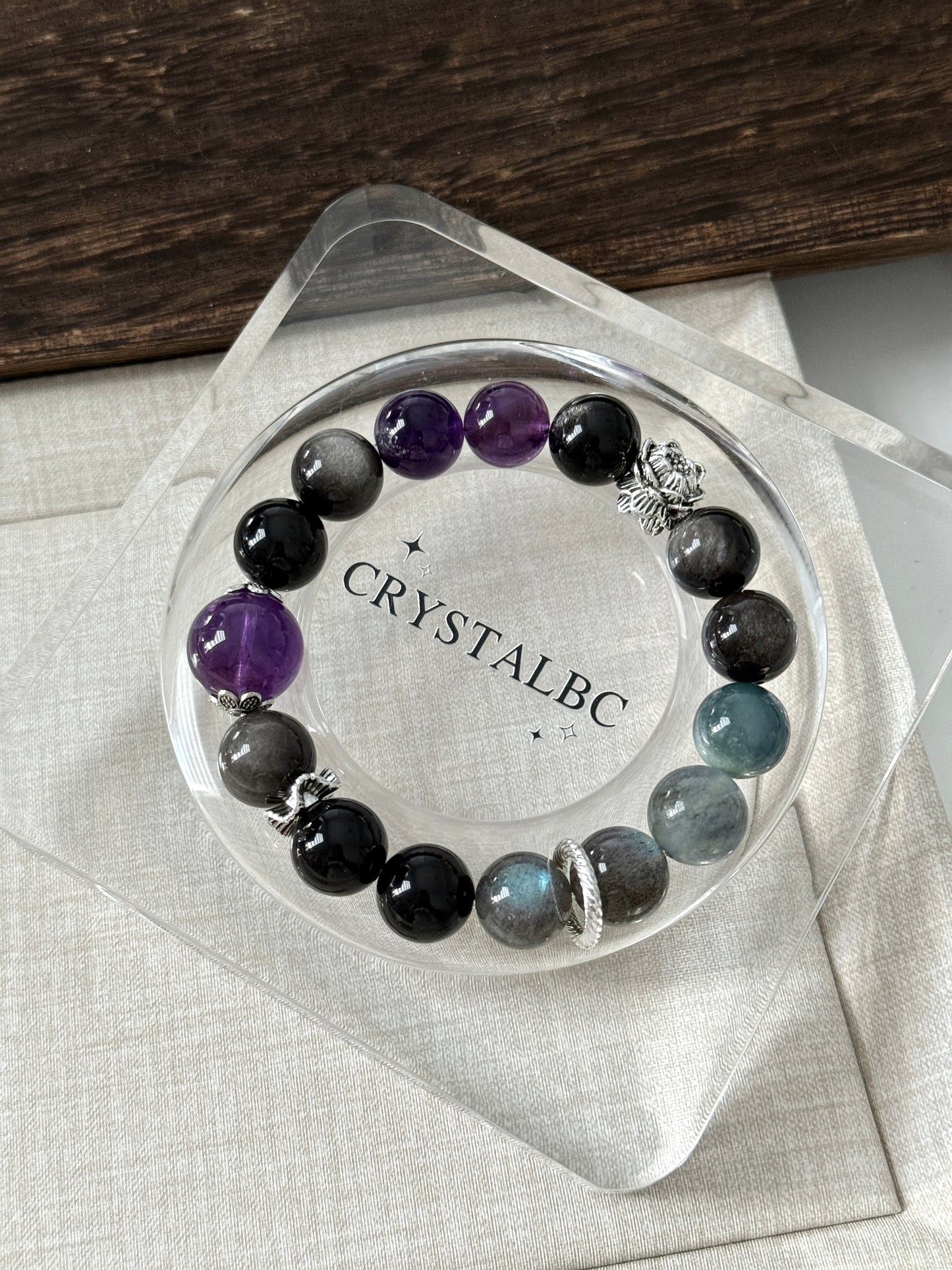 Vintage Design with Silver Obsidian Amethyst Beaded Bracelet