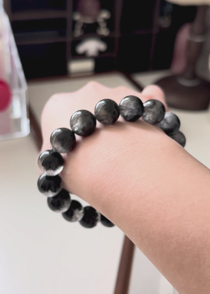 Black Phantom Quartz Beaded Bracelet 12.8mm 半盆金沙黑幽靈穿髮晶￼