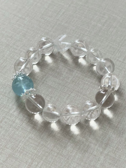 Aquamarine Clear Quartz 13mm Designed Beaded Bracelet
