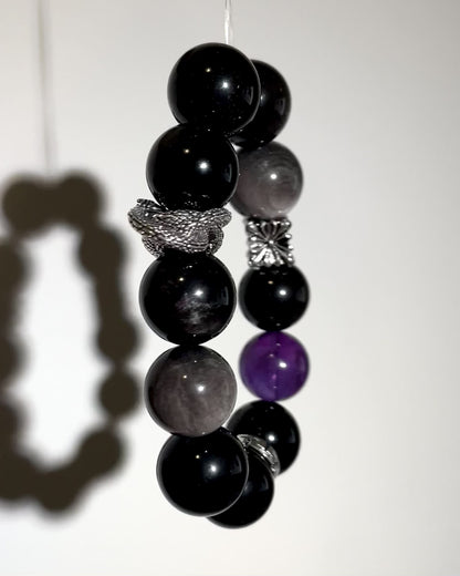 Silver Obsidian Amethyst Beaded Bracelet