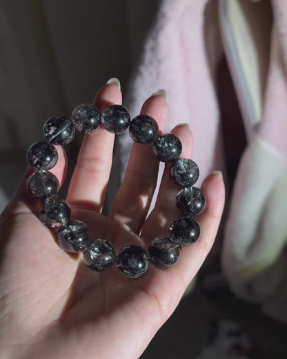 Black Herkimer Diamond Beaded Bracelet 14mm+